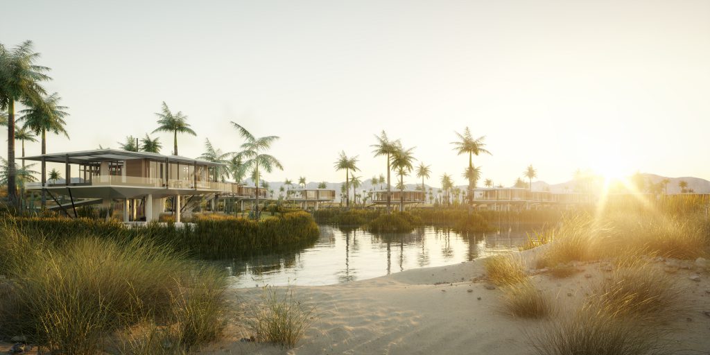 Amanvari indoor/outdoor living spaces at sunset along the estuary at Costa Palmas