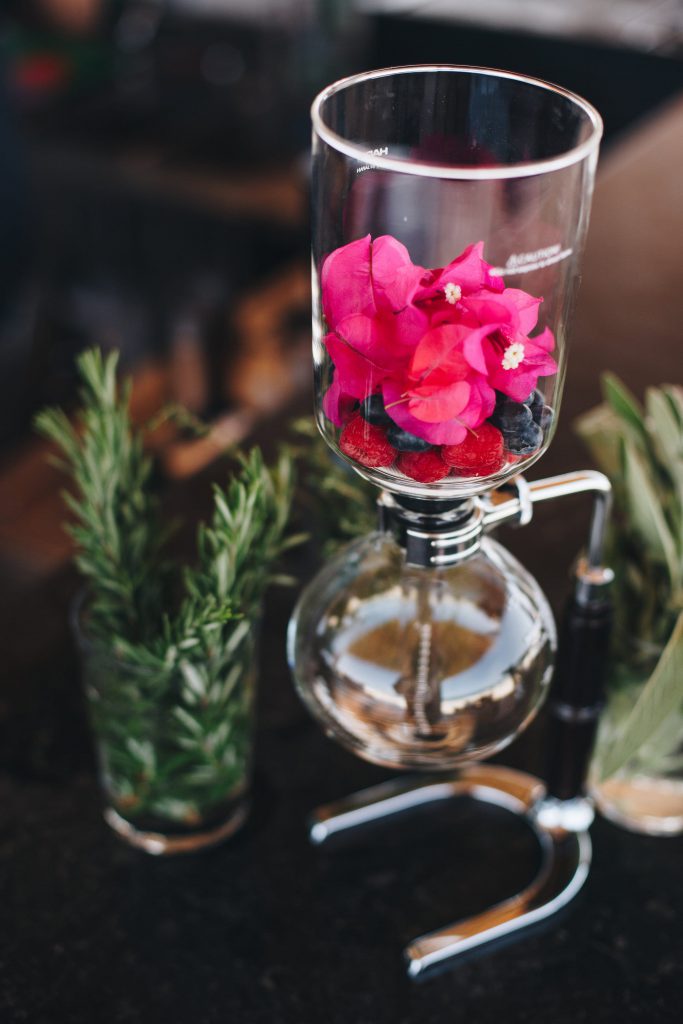 A special glass is used to create an infusion of red fruit, bougainvillea and hibiscus in vodka